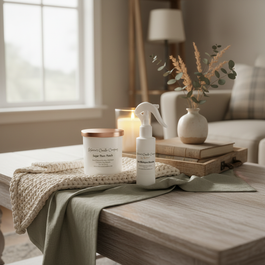 Rebecca's candle and room spray in cozy setting
