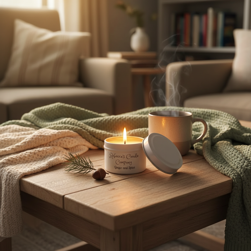 2oz tin candle in cozy environment