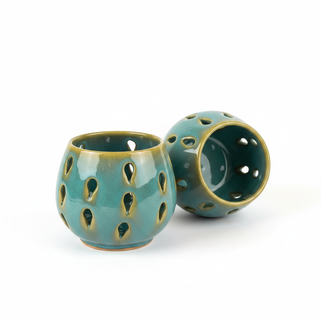 Ceramic tealight holders on white background