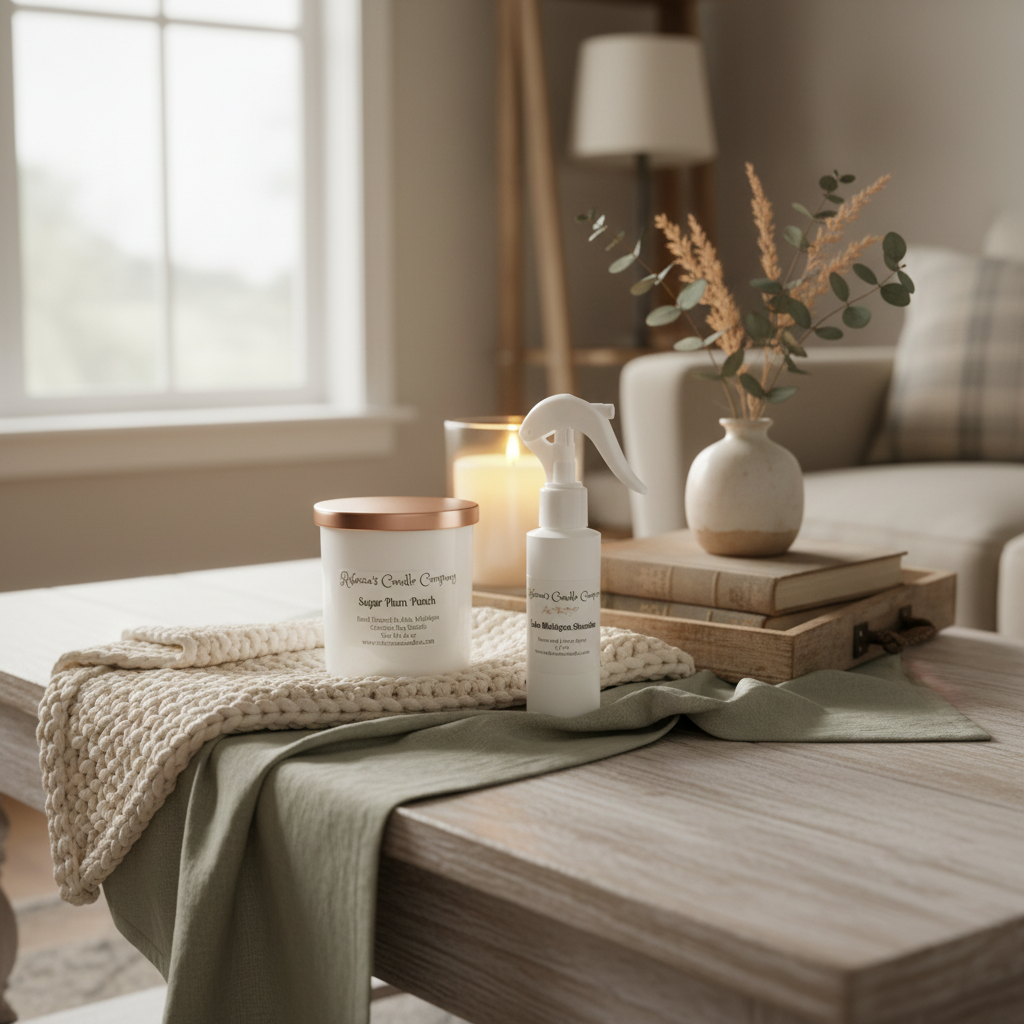 Rebecca's candle and room spray in cozy setting