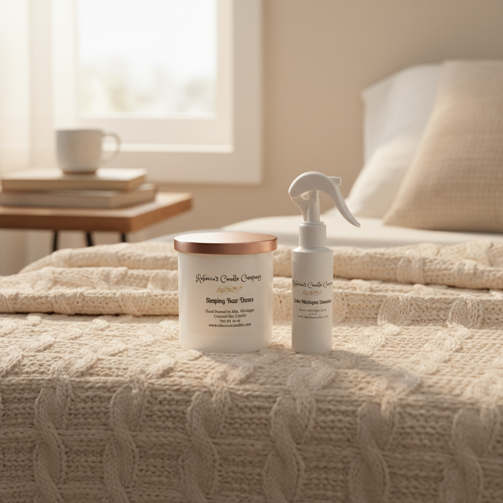 Rebecca's candle and room spray in cozy setting