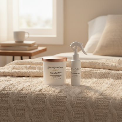 Rebecca's candle and room spray in cozy setting